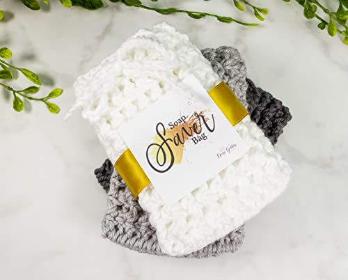 White Light Gray Pewter Soap Savers For Bar Soap Pouch 3 Pack Set - Cotton Soap Sack with Drawstring - Loofahs and Body Sponges