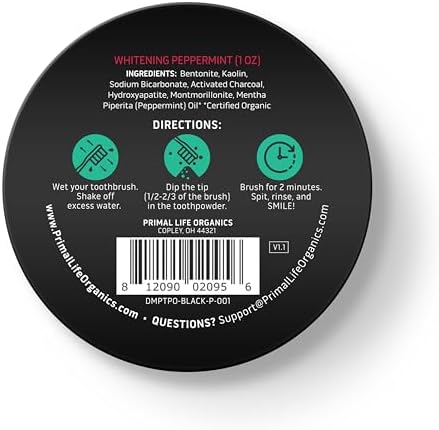 Primal Life Organics - Dirty Mouth Toothpowder, Activated Charcoal Tooth Cleaning Powder, Essential Oils with Kaolin & Bentonite Clay, Good for 200+ Brushings, Organic, Vegan (Black Peppermint, 1 oz)
