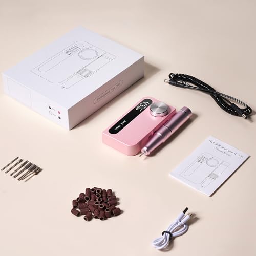 Professional Electric Nail Drill File,Cordless Portable Nail Drill 45000 RPM, Rechargeable Nail File Machine for Acrylic Nails Gel Polishing,Nail Kit for Manicure Salon Home(Pink)