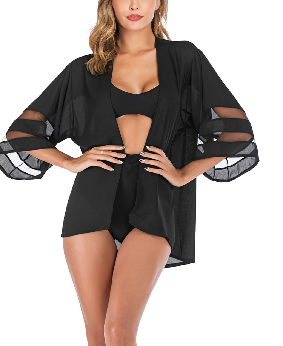 LONGTEN Womens Chiffon Cardigans Floral Cover Ups Sheer Kimono Shawl Summer Top Beach Swimwear Mesh Panel Sleeves A1 XL