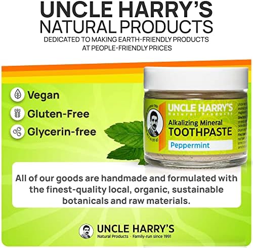 Uncle Harry's Natural & Fluoride-free Remineralizing Toothpaste - Freshens Breath & Strengthens Enamel - Peppermint (4 pack, 3 oz. jar)