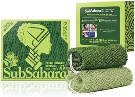 SubSahara Authentic African Net Sponge - 2 Pieces Exfoliating Scrubber for All Skin Types, Bath Sponge for Face & Body, Travel Portable, Durable, Gentle Exfoliation (Olive Green & Light Green)