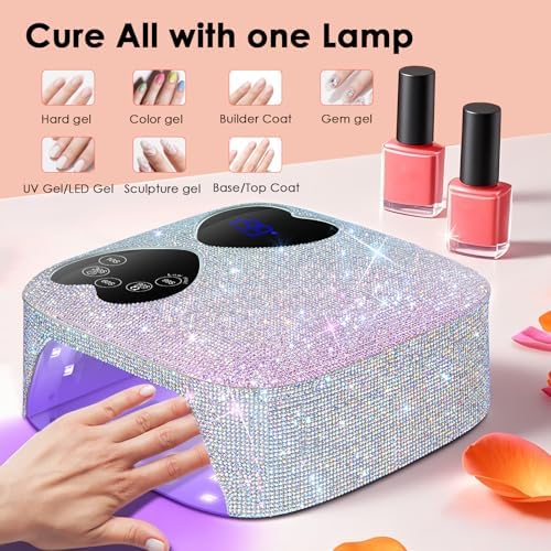 UV LED Nail Lamp Cordless, HUITINE 80W Rechargeable UV Light for Gel Nails, Professional Gel Light Dryer with 5 Timers & Mirror Base, Sparkling Rhinestones Diamond Curing Lamp for Salon & Home