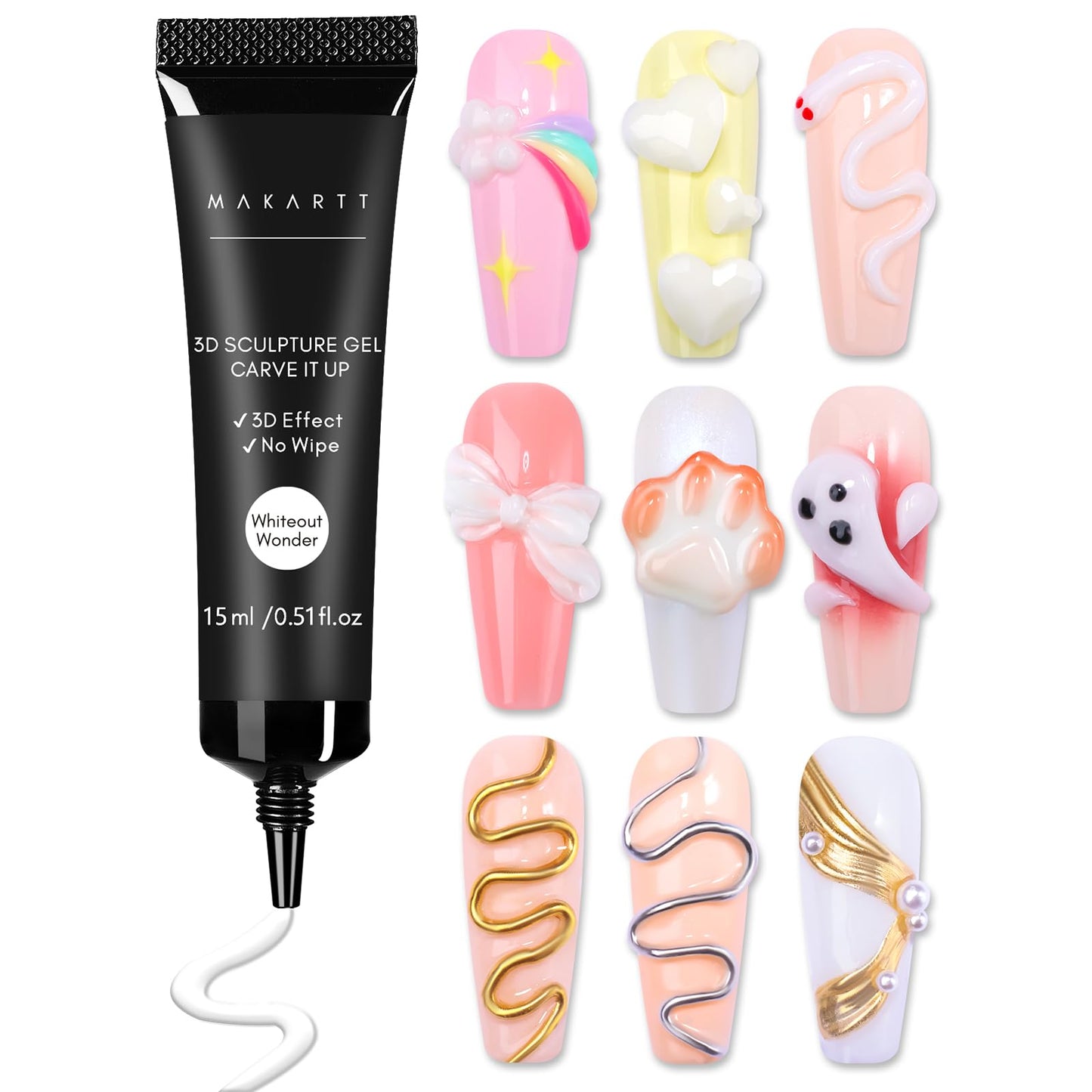 Makartt 3D Nail Gel for Nail Art, No Wipe 15g White Sculpting Molding Candy Craving Gel Polish Rhinestone Nails Charm Glue Decoration Manicure Designs (Whiteout Wonder)