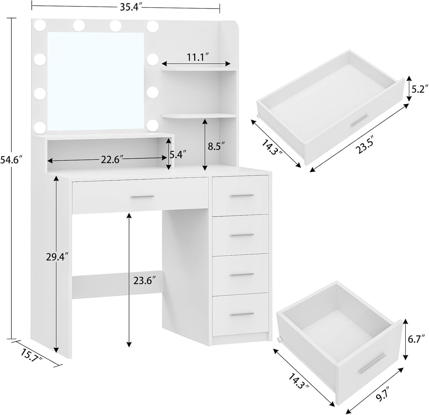 Quimoo Makeup Vanity Desk with Mirror & Lights, Vanity Desk with 5 Drawers & Storage Shelves, Vanity Table, 3 Color Modes & Adjustable Brightness Dressing Table, Bedroom, White