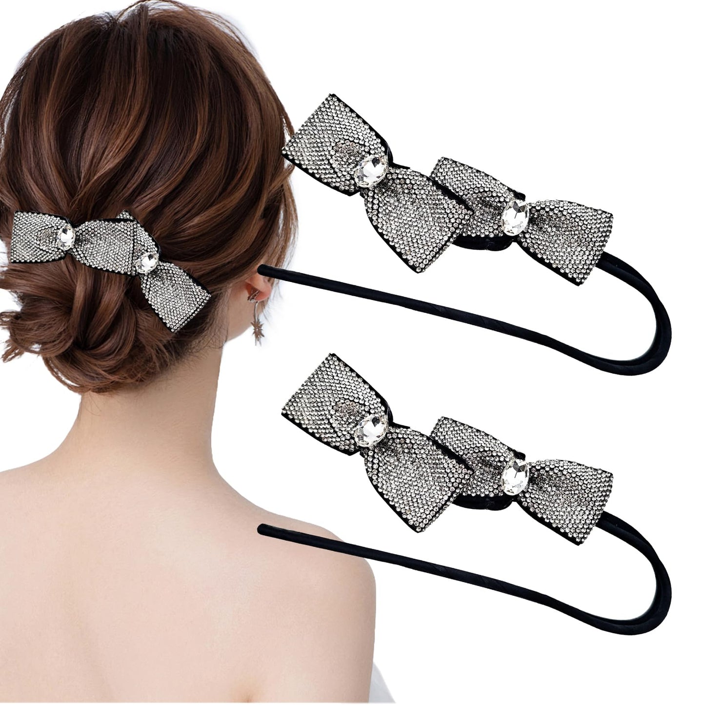Rhinestone Hair Bun Maker - Elegant Lazy Hair Curler and French Hairstyle Twist Accessory for Women and Girls (2 Pack)
