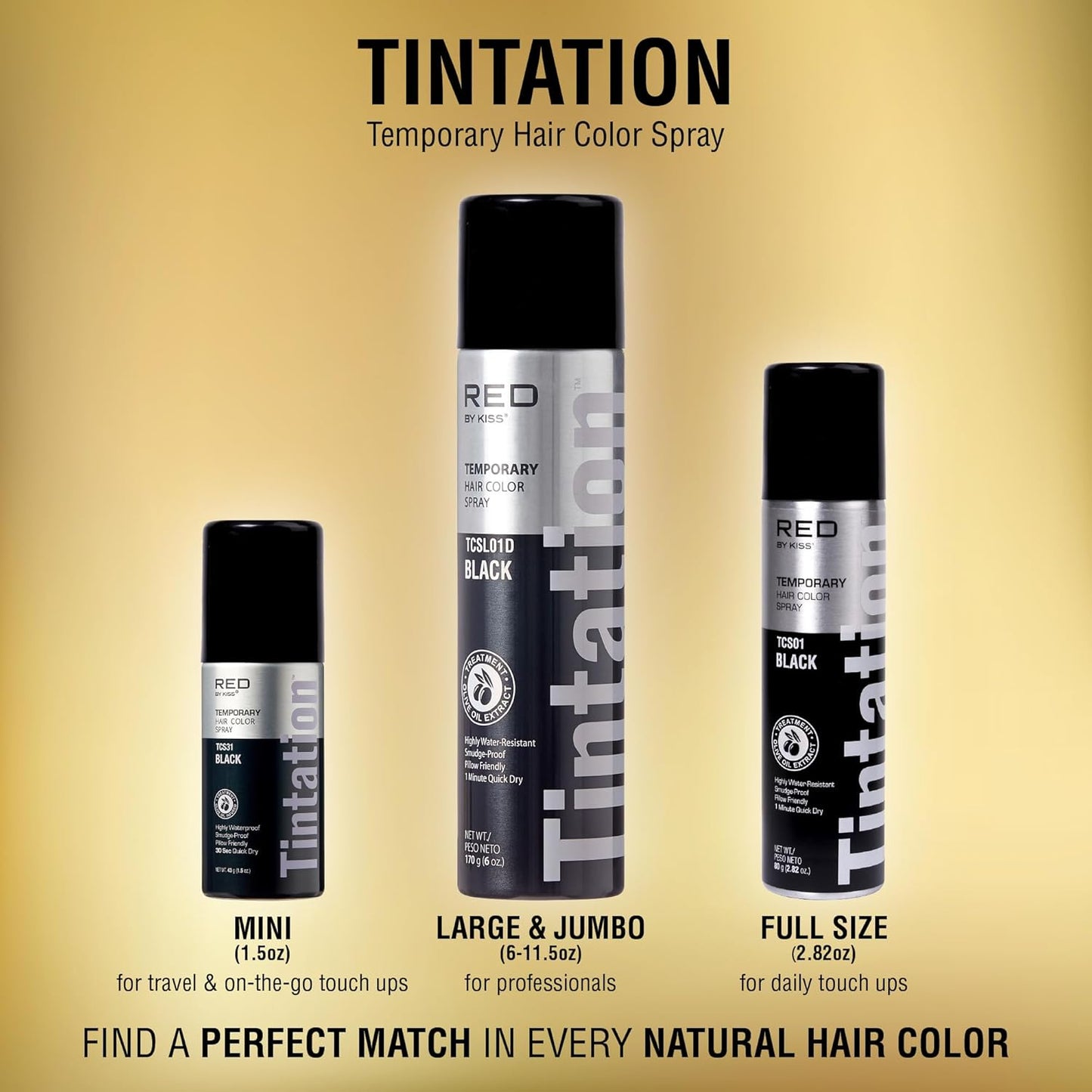 RED by Kiss 1.5OZ. Tintation Temporary Hair Color Spray, Instant Gray Root Cover Up, Water-Resistant, Smudge-Proof, Hairline & Barber Touch-Up, Quick Dry, Travel Size Spray (Jet Black)