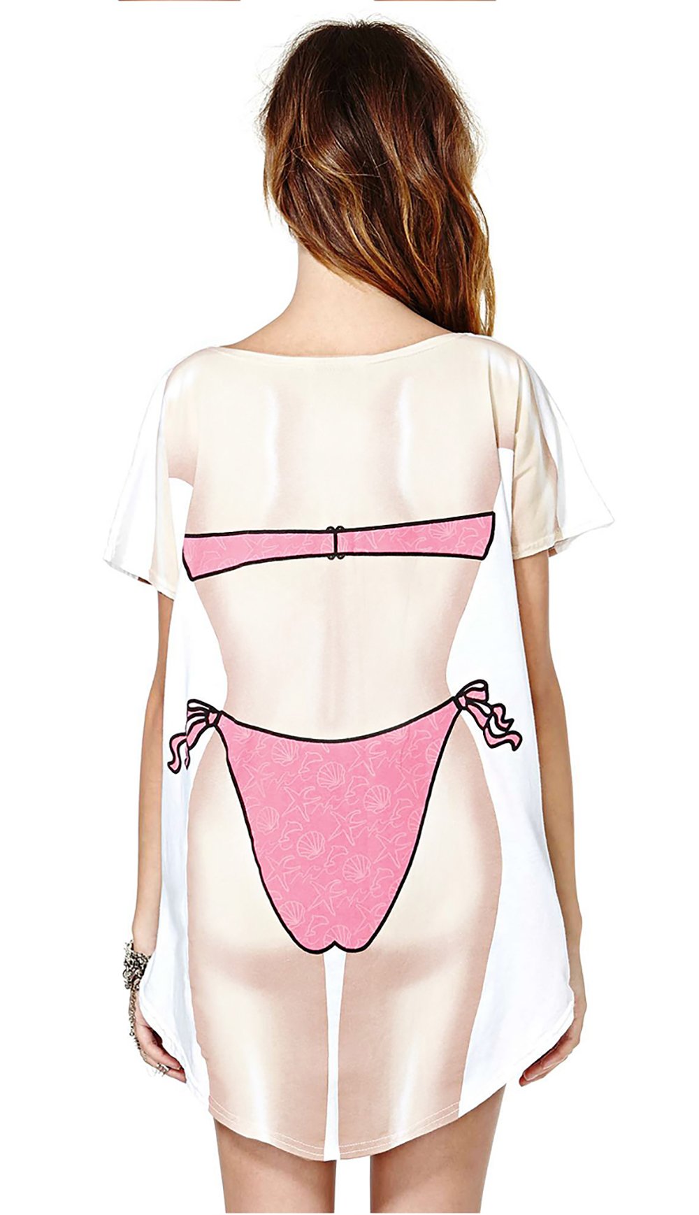 JEYKAY Lady's Cute Bikini Print Cover Up T-Shirt Loose Long Dress (White, M)