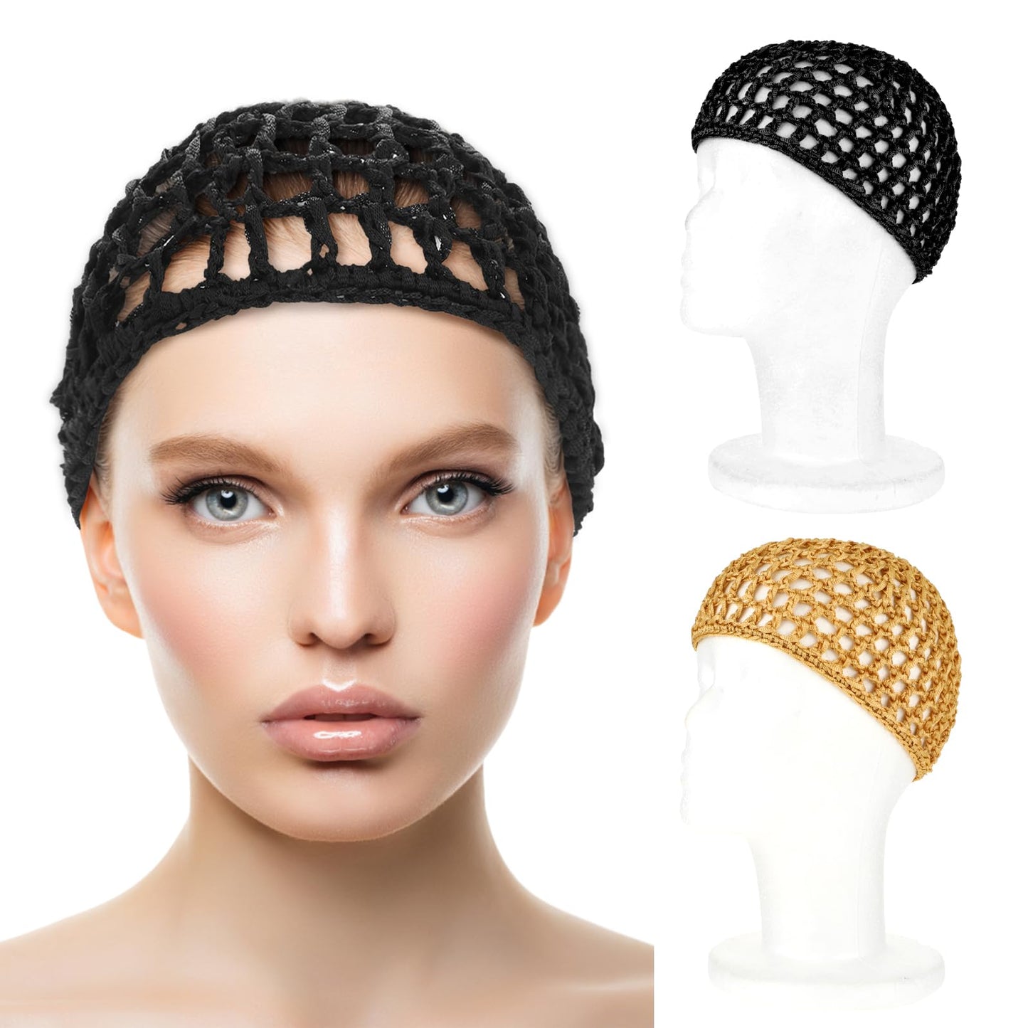 WLLHYF Hair Net Wrap For Sleep 2 PCS Mesh Nets Cap Snoods Cover Sleeping Knit Hairnets Elastic Head Wrap Bathing Shower Caps Wig Hairnet Crochet Sew Weave Press Weaving Braided Bonnet(Black/Khaki)