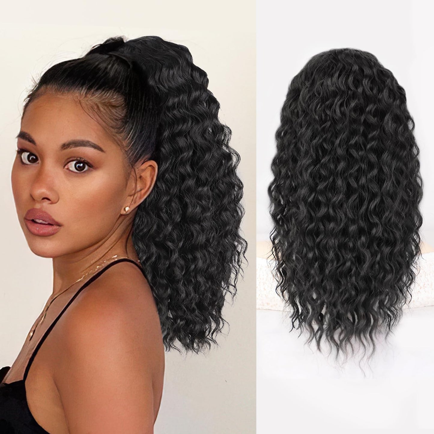 AISI BEAUTY Black Ponytail Extension Curly Drawstring Ponytail for Women Full Fake Ponytail 18 Inch Synthetic Curly Pony Tails Hair Extensions