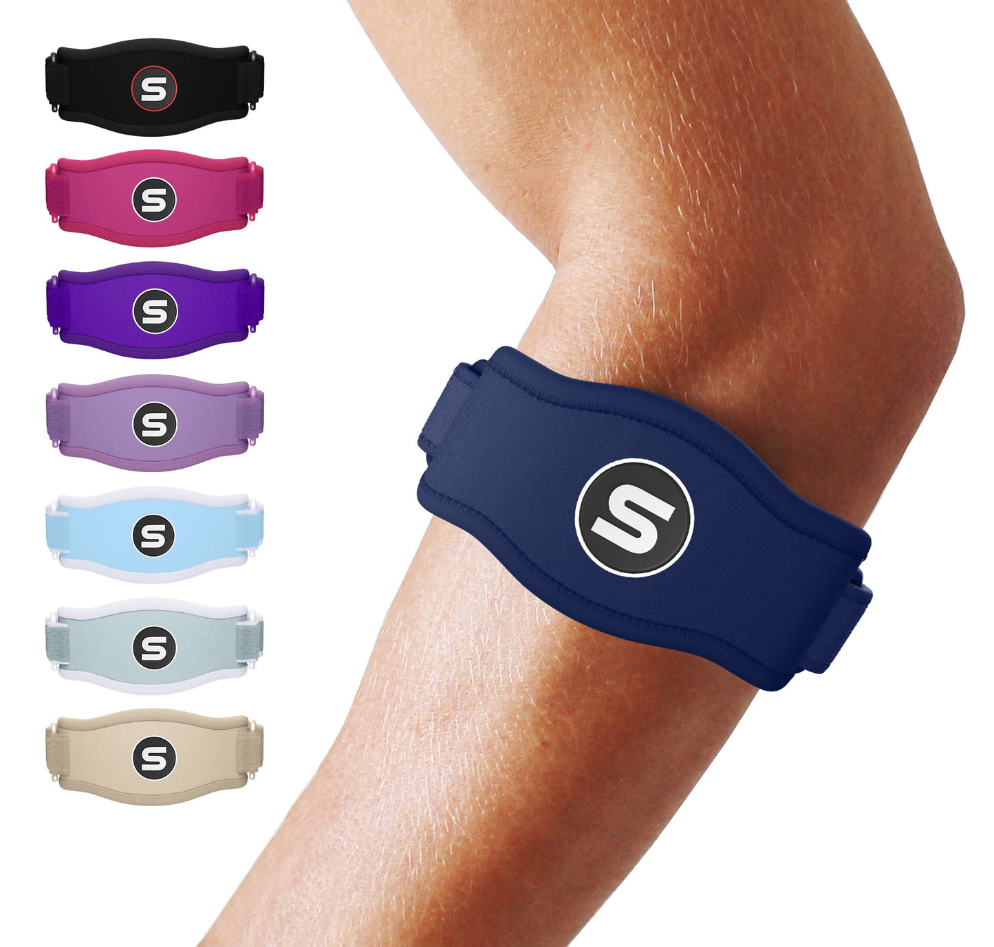 Sleeve Stars Tennis Elbow Support Strap, Golfers Elbow Support for Men & Women Epicondylitis Clasp, Counterforce Arm Band for Tendonitis Relief & Support, w/ 3 Straps Length, Fits 9"-23" (Navy Blue)