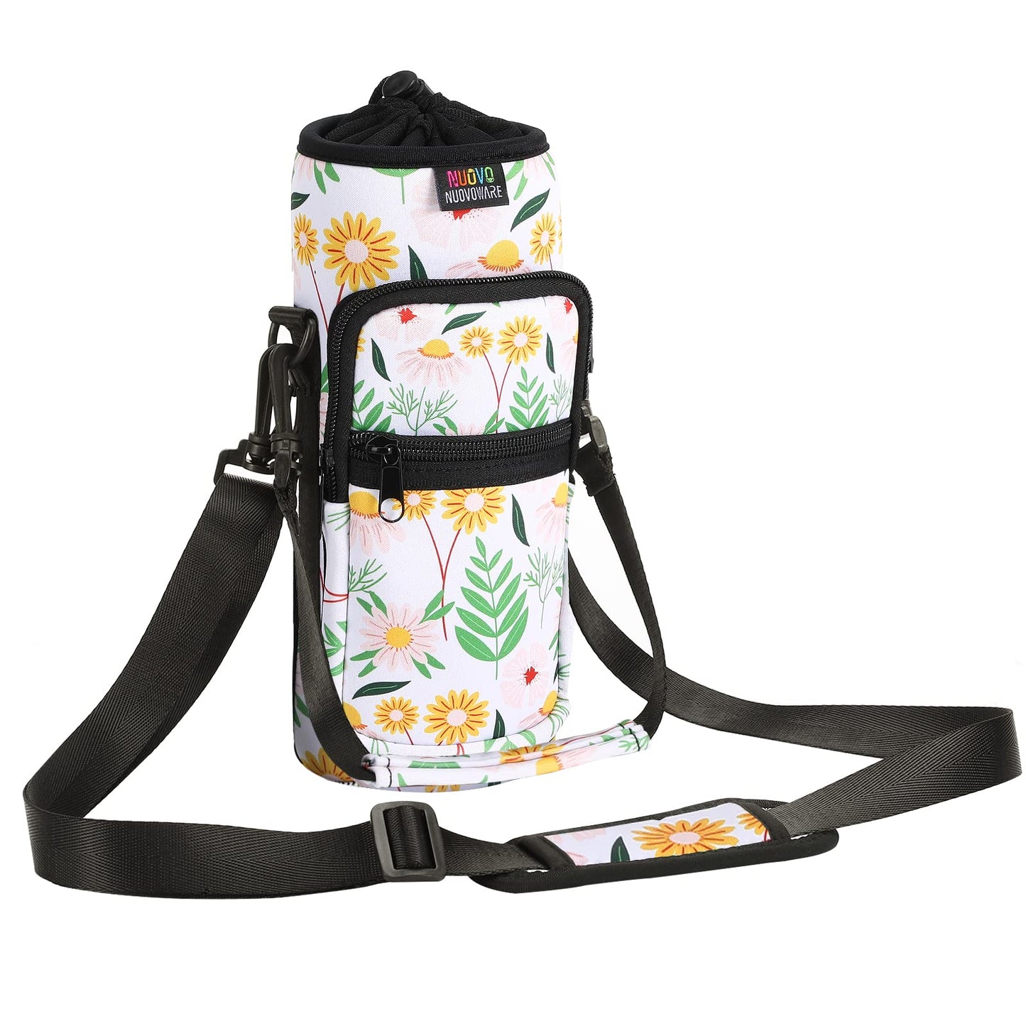 Nuovoware Water Bottle Carrier Bag, 25oz/32oz Bottle Pouch Holder, Adjustable Shoulder Hand Strap 2 Pocket Sling Neoprene Sleeve Sports Water Bottle Accessories for Gym Hiking Travel, Yellow Daisy