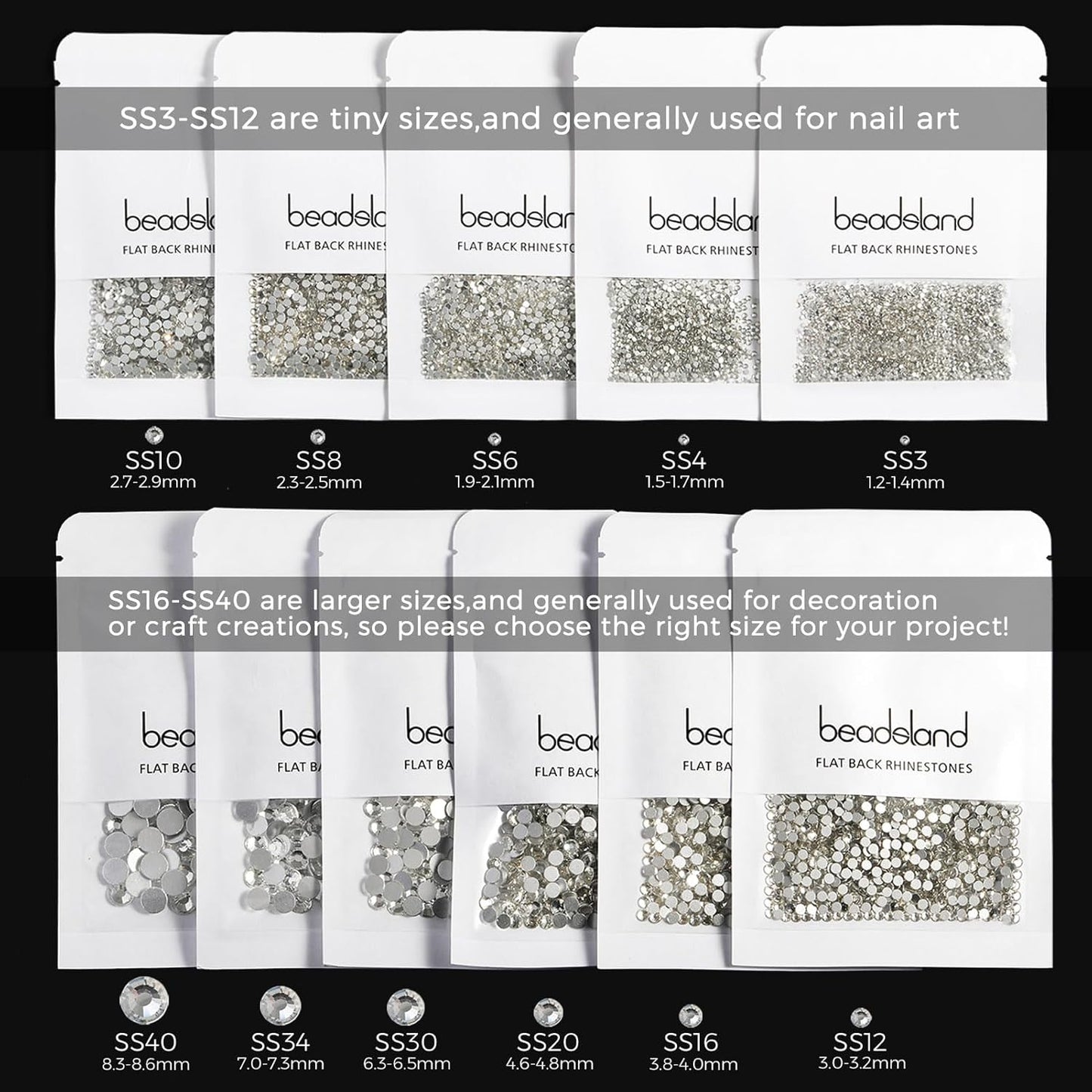 Beadsland 144 Pieces Flat Back Crystal Rhinestones Round Gems for Nail Art and Craft Glue Fix,Black,SS40,8.4-8.7mm