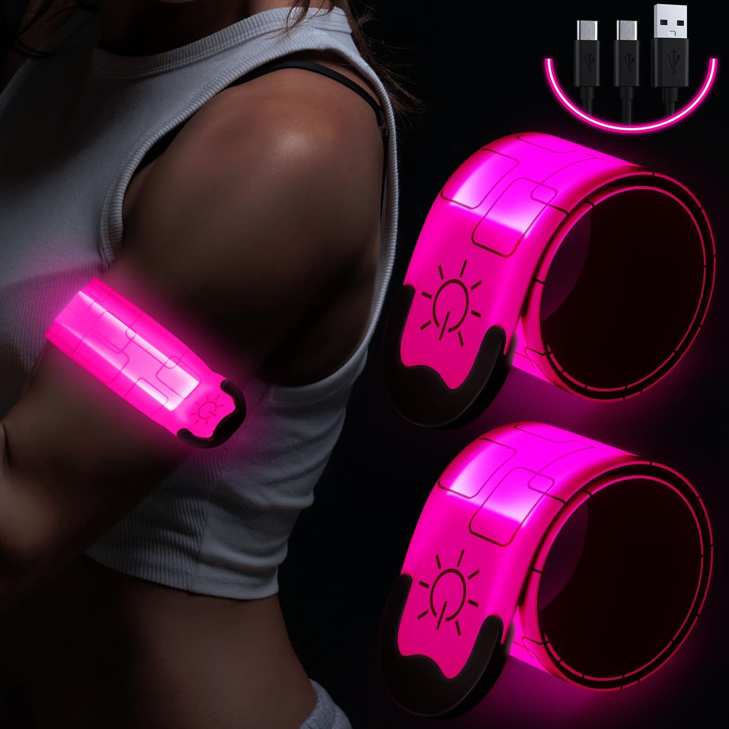 Simket LED Armbands for Running (2 Pack), USB Rechargeable Reflective Running Gear, High Visibility Light Up Bands Adjustable Running Lights for Runners Men Women Kids