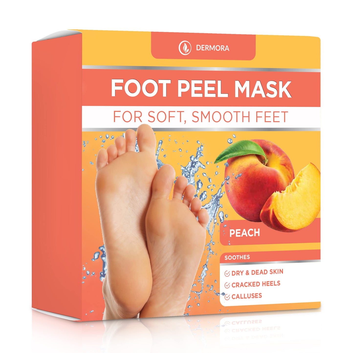 DERMORA Foot Peel Mask - 2 Pack of Regular Size Skin Exfoliating Foot Masks for Dry, Cracked Feet, Callus, Dead Skin Remover for baby soft feet, Peach Scent