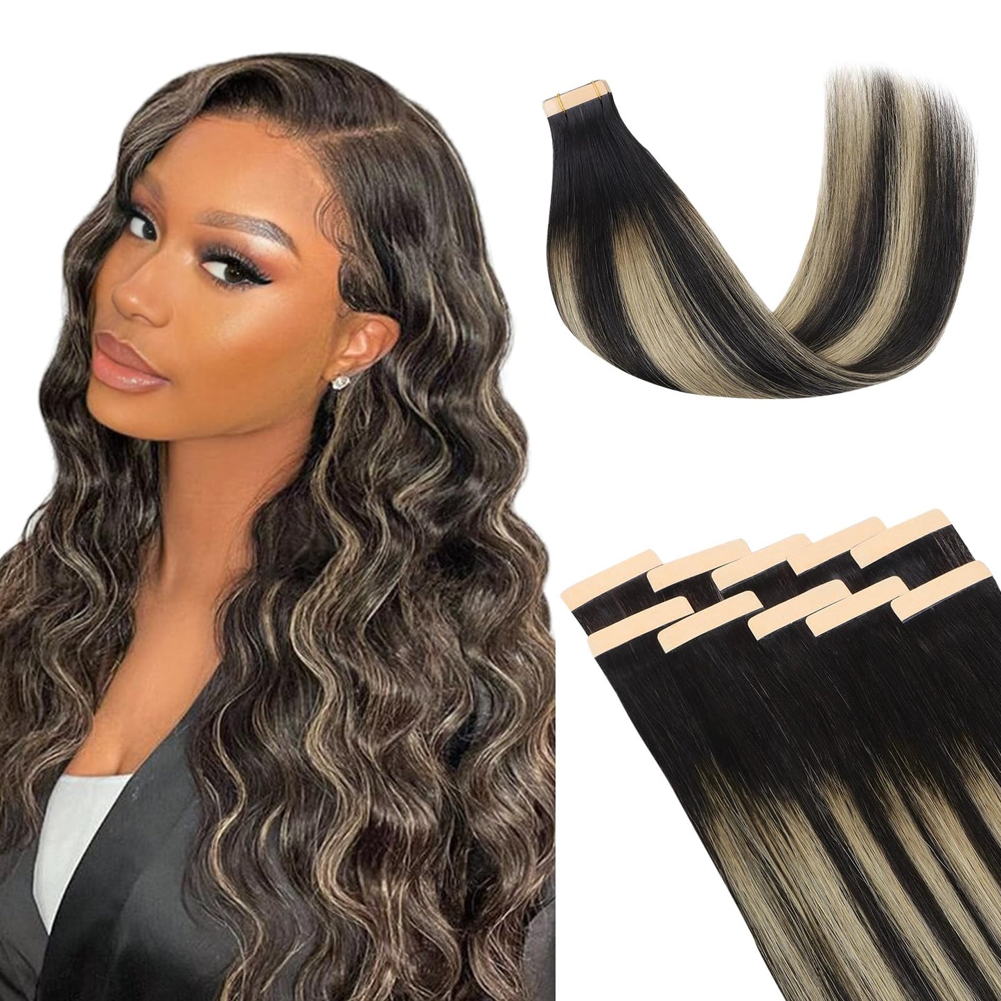 Lashey Tape in Hair Extensions 25g 10pcs 16 Inch Straight Balayage Natural Black to Light Blonde Highlighted Hair Extensions Tape in Hair for Women