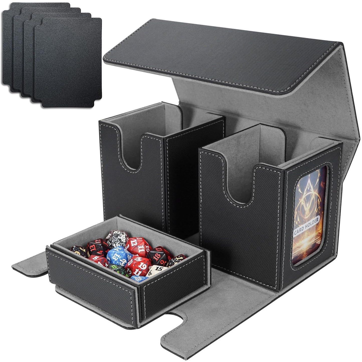 AFIING MTG Commander Card Storage Box - Fits 200 Double Sleeved Cards,3-in-1Card Deck Case,Strong Magnet Card Organizer For Magic Commander TCG CCG,4Dividers &2 Toploaders, Black/Grey
