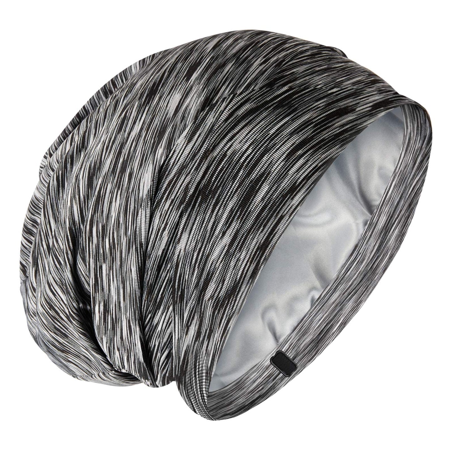Silky Satin Lined Bonnet Sleep Cap - Adjustable Stay on All Night Hair Wrap Cover Slouchy Beanie for Curly Hair Protection for Women and Men - Heather Black
