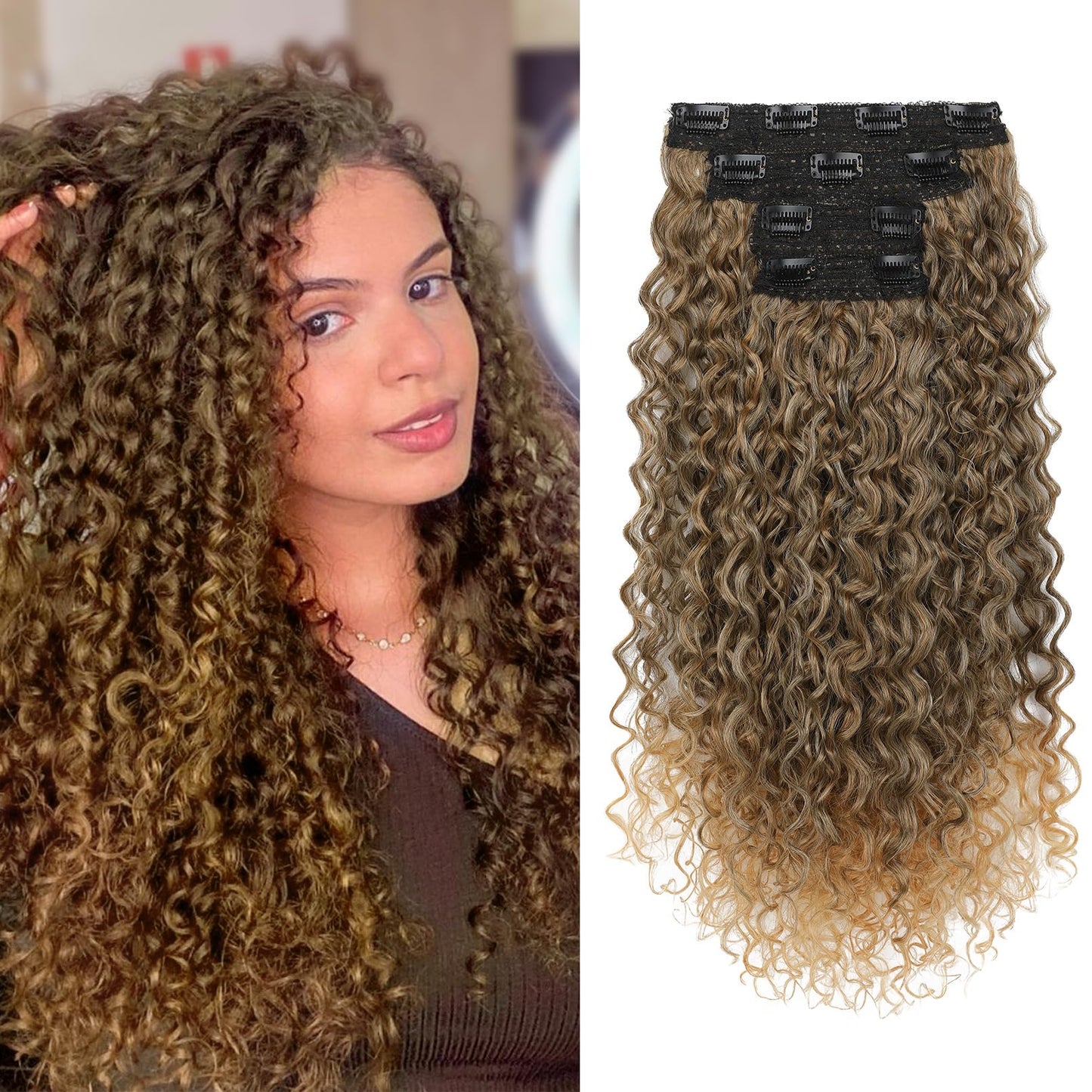 Clip in Hair Extensions, FLUFYMOOZ 4PC 100οΌ
Pure Protein Silk Hair Extensions Long Soft Natural Hairpiece 20 Inch Curly Hair Extension for Women (Medium Golden Brown to Blonde)