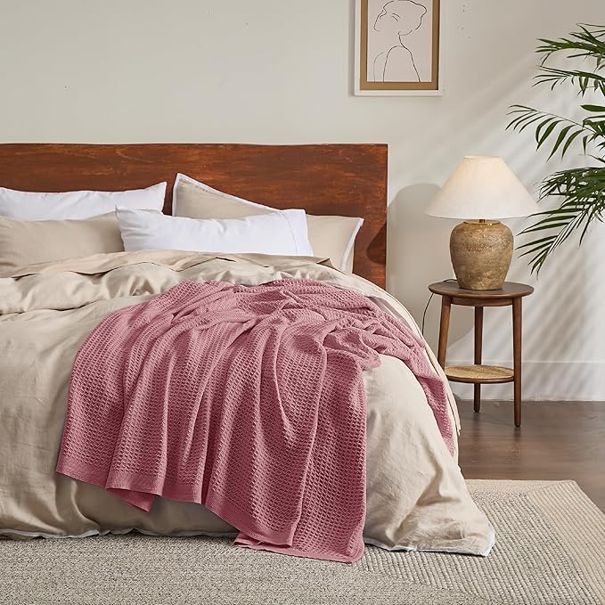 Bedsure 100% Cotton Blanket Twin XL Size for Bed - Breathable and Soft, Waffle Weave Blanket for Summer Spring, Dusty Rose, 66x90 inches