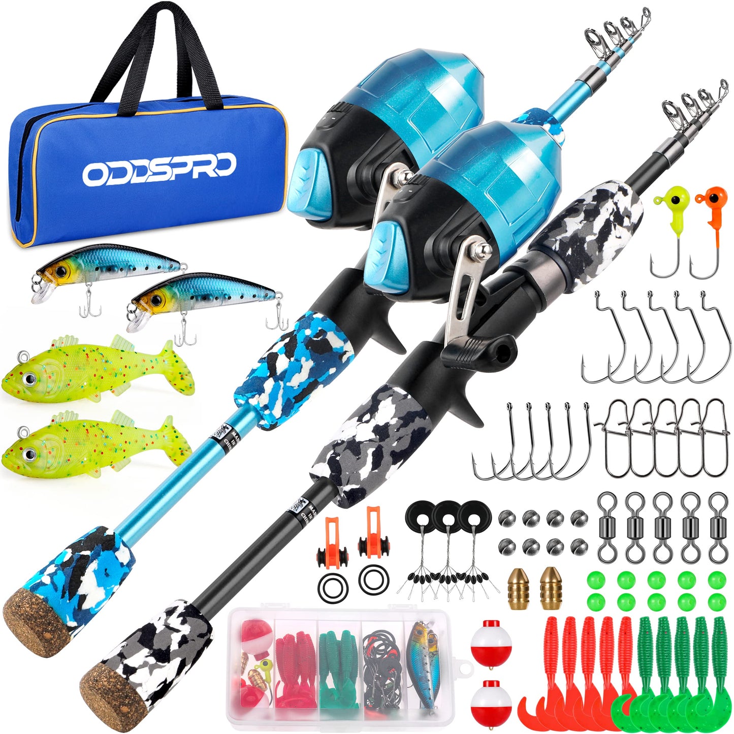 ODDSPRO Kids Fishing Pole - Kids Fishing Starter Kit - with Tackle Box, Reel, Practice Plug, Beginner's Guide and Travel Bag for Boys, Girls (2 pack (Blue+Black), 1.5M 4.92Ft)