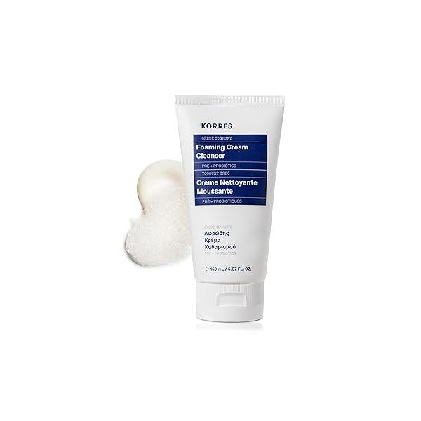 KORRES Greek Yoghurt Foaming Cream Cleanser, Hydrating, Deep Cleansing Skin Care, Makeup Remover, Face Wash for Women, to Foam Facial Cleanser Dry, Oily, Sensitive, Any Type, 5.07 fl oz
