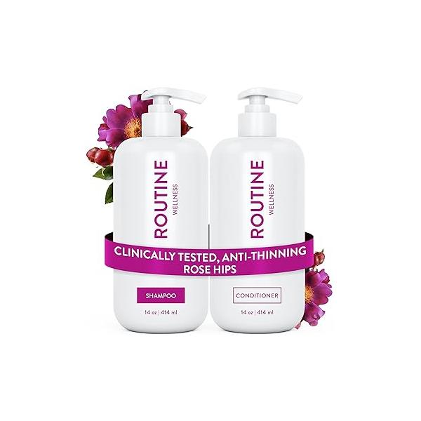Routine Wellness Anti-Thinning Shampoo and Conditioner Set for Thinning Hair - Biotin DHT Blocker Women & Men Color Safe Loss Healthier Rose Hips (Pack of 2)