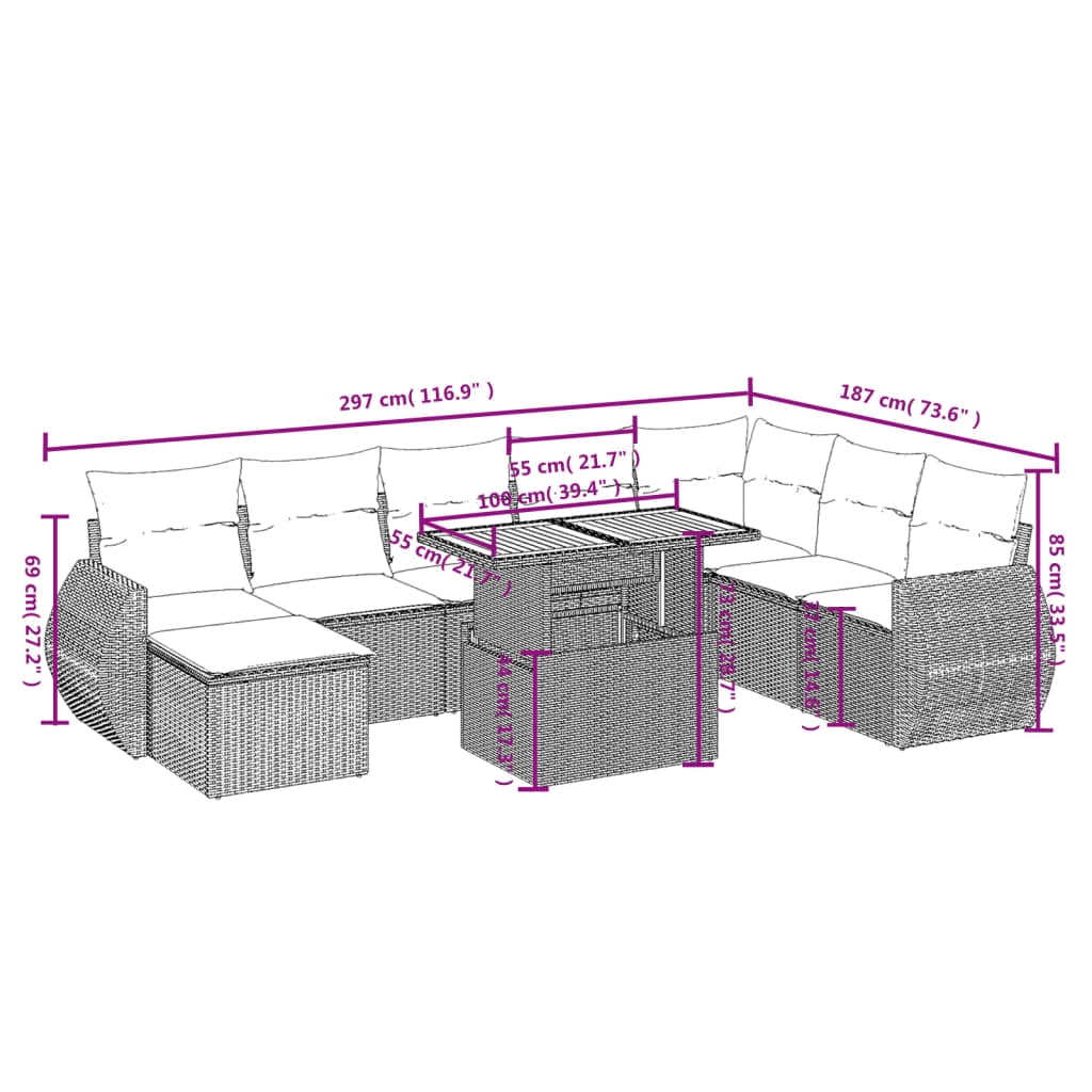 vidaXL Garden Sofa Set Grey PE rattan Large Adjustable Armrests