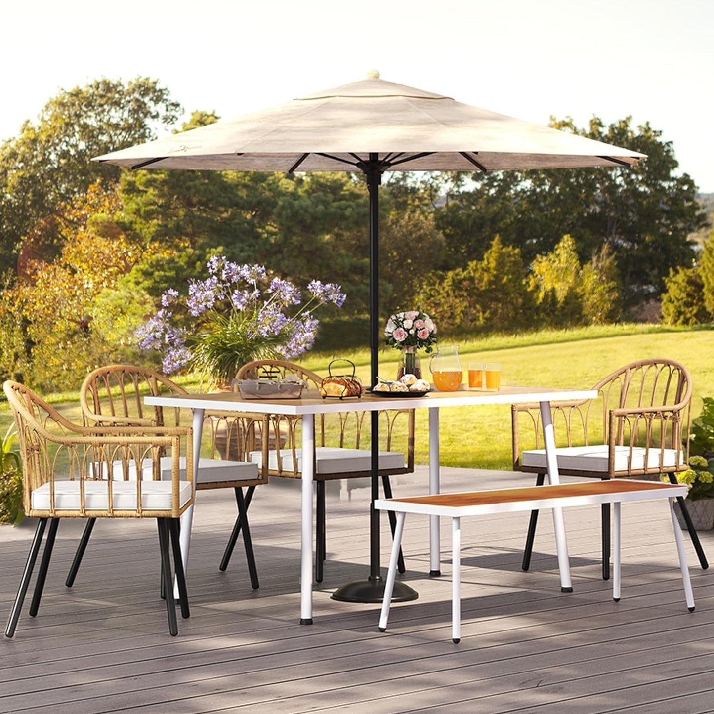 Craftian PE Rattan and Wood Outdoor Patio Dining Table with 2.2" Umbrella Hole for 6, Steel Frame, Adjustable Legs, Weather-Resistant Garden Table