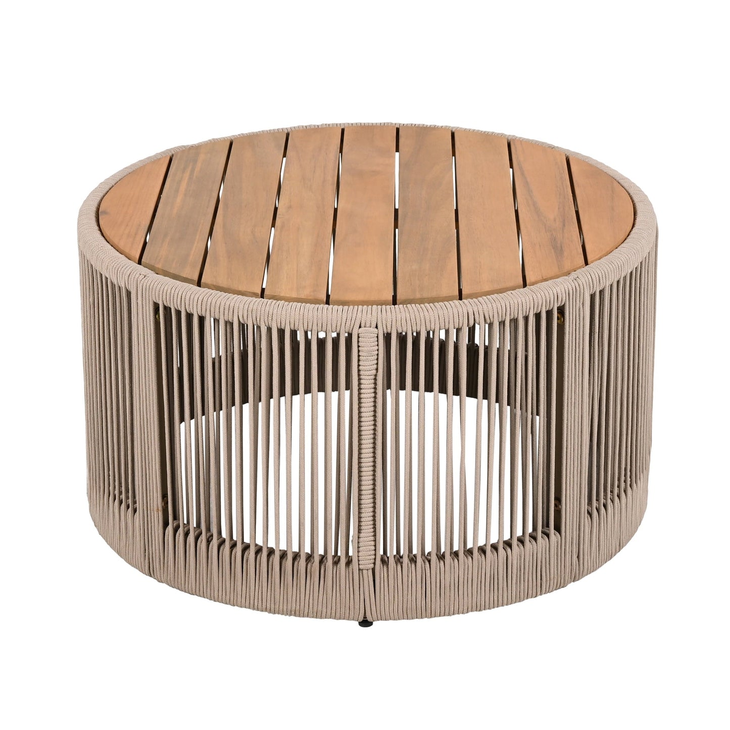 Christopher Knight Home 26" Round Coffee Table, Acacia Wood Top with Rope & Iron Base, Beige