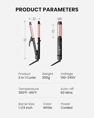 Dual Voltage Curling Iron, Travel Flat Iron Hair Curler in One for European, 1 1/4 Inch Ceramic Plates with Adjustable Temperature, Travel Size Glove Included, Black