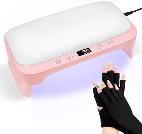 UV Nail Lamp with Arm Rest & UV Gloves, Professional LED Nail Light for Gel Nails Polish, 4 Timers Foldable Nail Dryer with Hand Rest for Nails Tech Manicure Salon Home Use Pink