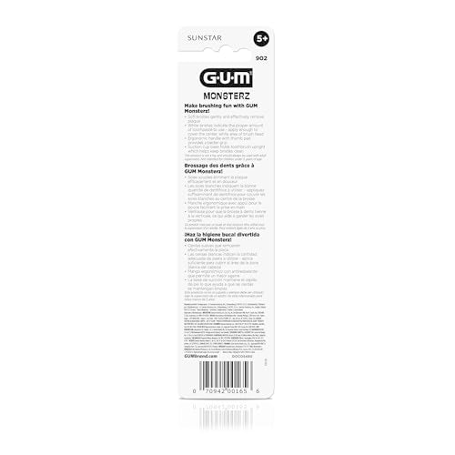 GUM Monsterz Jr Kids’ Toothbrush, Soft Bristled Children’s Toothbrush with Suction Cup, for Ages 5+, 2 Count(Pack of 6)