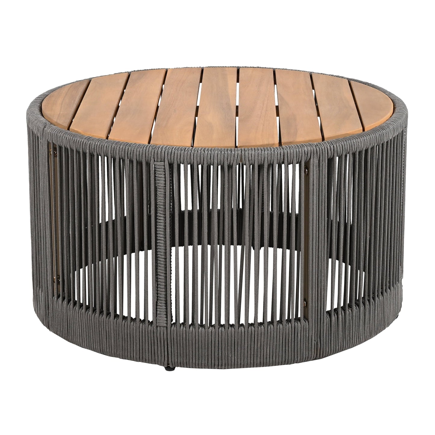 26" Round Acacia Wood Coffee Table with Grey Rope Accents, Rustic Outdoor Patio Table for Garden & Balcony