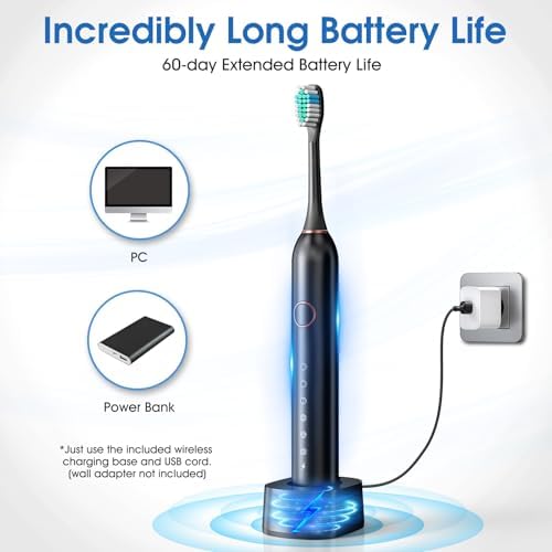 Electric Toothbrush, Sonic Type for Adults & Teens, 8 Brush Heads, Travel Case, 6 Modes, 40000 VPM Electric Motor, IPX7 Waterproof, 2 Minutes Timer, Wireless Charging, One Charge for 100 Days（Black）