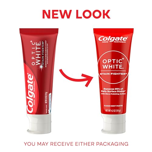 Colgate Optic White Stain Fighter Teeth Whitening Toothpaste, Anticavity Fluoride Toothpaste for Whitening Teeth, Helps Remove Daily Surface Stains, Clean Mint Paste, 4 Pack, 4.2 oz