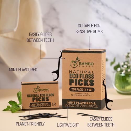 Natural Dental Floss Picks - Eco Friendly Cruelty Free & Vegan Tooth Flossers Pick Set with BPA Free Handle & Zero Waste Packaging - 200 Pack (Bamboo Charcoal Flavored)