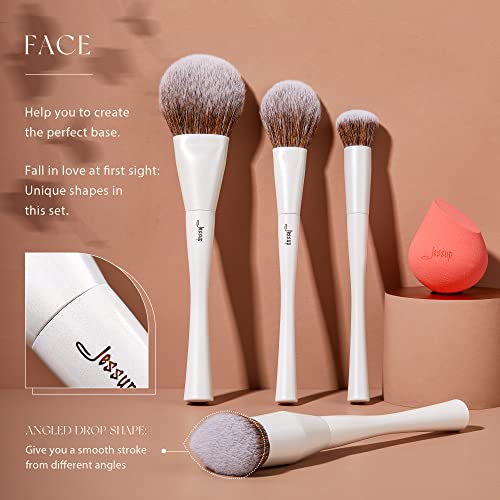 Jessup Makeup Brushes Set 14pcs Highend Makeup Gift Set for Women Include Foundation Concealer Blush Contour Powder Eye Shadow Brush, Makeup Sponge, Makeup Brush Cleaner and Towel, Pearl White T333