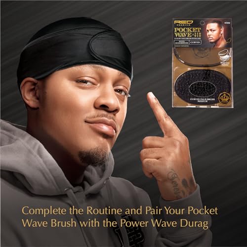 Red by Kiss Premium Pocket Wave Bow Wow Curved Palm Brush – Boar Bristles for 360 Waves, Curved Design for Precision Control, Ideal for Coarse, Curly, Short Hair & Fades (Medium)