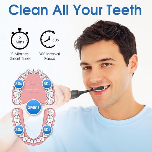 Electric Toothbrush, Sonic Type for Adults & Teens, 8 Brush Heads, Travel Case, 6 Modes, 40000 VPM Electric Motor, IPX7 Waterproof, 2 Minutes Timer, Wireless Charging, One Charge for 100 Days（Black）