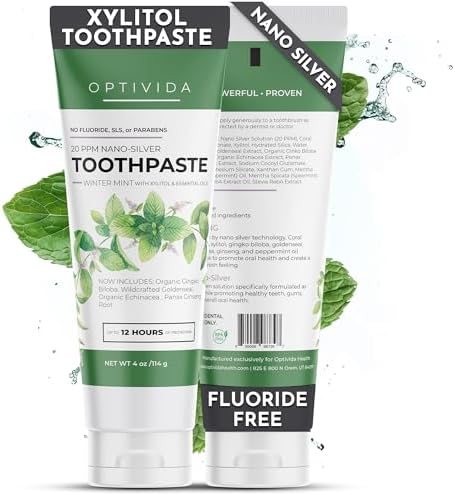 Optivida (Fluoride Free) Colloidal Silver (20ppm) Infused Xylitol Toothpaste for Adults & Kids. Anti-Cavity*, Anti-Plaque* Coral Toothpaste with Spearmint Oil for Gum Health & Teeth whitening - 4oz