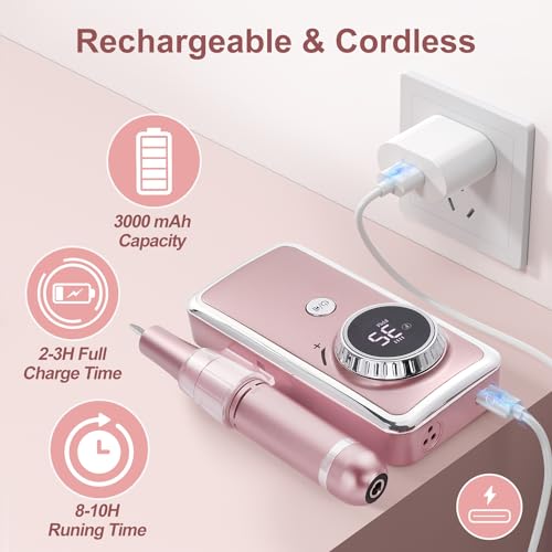 Electric Nail Drill Professional, 35000RPM Portable Efile Nail Drill with 11Pcs Nail Drill Bits, Rechargeable Nail Drill Machine with LCD Display for Acrylic Nail Remove Gel Polish for Home Salon Use