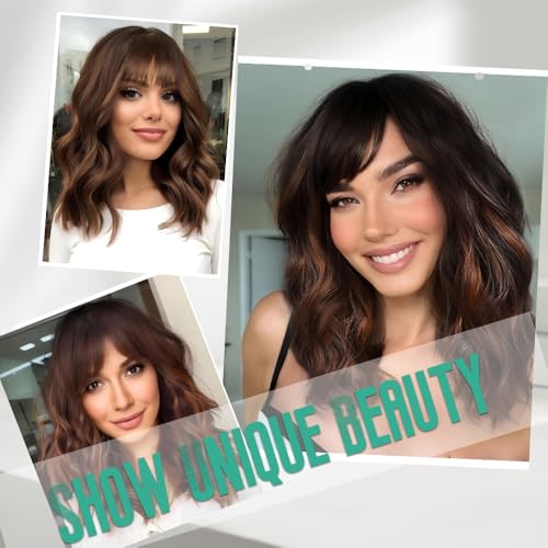 WAVE&BREEZE 14 Inch Black Mixed Brown Highlights Wigs for Women Short Wavy Curly Wig With Bangs Natural Looking Synthetic Hair Wigs Heat Resistant Fiber Wig for Daily Party (Black Mixed Brown)