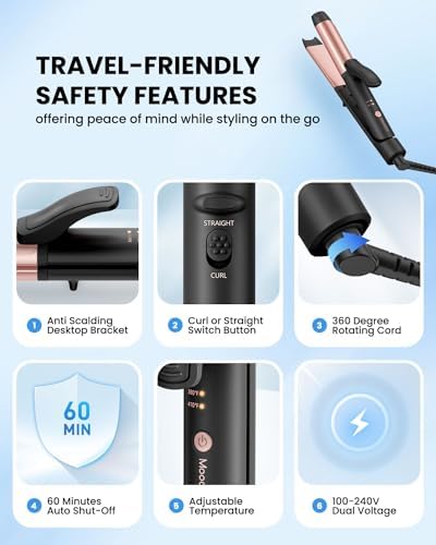 Dual Voltage Curling Iron, Travel Flat Iron Hair Curler in One for European, 1 1/4 Inch Ceramic Plates with Adjustable Temperature, Travel Size Glove Included, Black