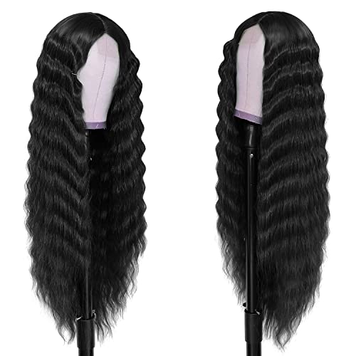 30 Inch Synthetic Curly Wigs for Women Long Black Hair Wig Lace Front 4" Simulated Scalp Natural Loose Deep Wave Crimps Curls Wig As Hair Replacement Wigs 1B