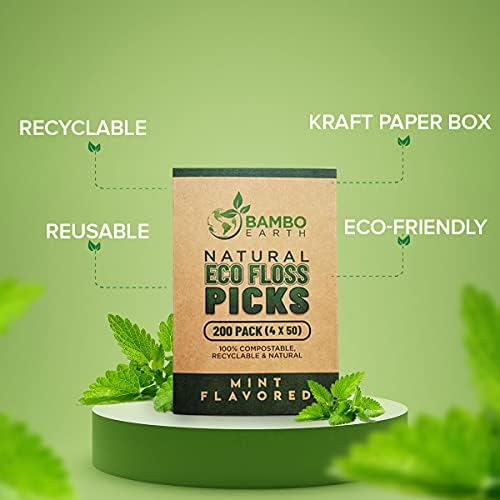 Natural Dental Floss Picks - Eco Friendly Cruelty Free & Vegan Tooth Flossers Pick Set with BPA Free Handle & Zero Waste Packaging - 200 Pack (Mint Flavored)
