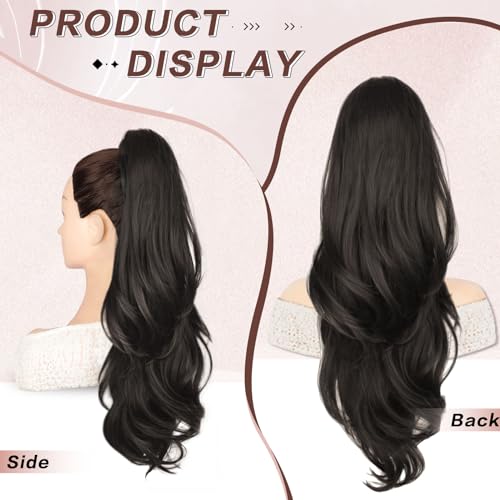Ponytail Extension, Drawstring Ponytail Extension for Women 26 Inch Long Dark Brown Wavy Layered Pony Tails Hair Extensions Synthetic Clip in Ponytail Hairpiece for Women