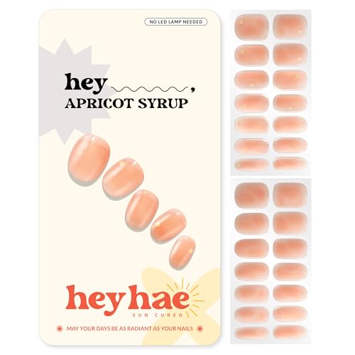 Semi Cured Gel Nail Strips | No LED Lamp Needed | Summer, Solid, Orange | Easy Apply & Remove, Salon Quality | Includes 28 Strips, 1 Prep Pads, Nail File & Wooden stick - Hey, Apricot Syrup