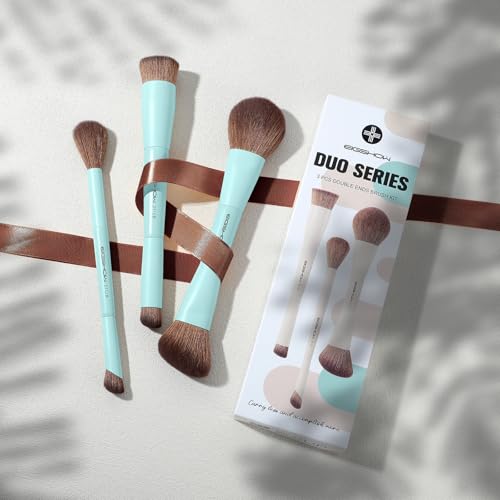 EIGSHOW Makeup Brush Set, 3Pcs Dual Ended Face Makeup Brushes for Foundation Powder Contour Highlight Concealer Nose Shadow, Travel Gift Set (Cyan)