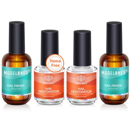 modelones 4 Pcs Nail Dehydrator and Primer, 15 ml Acid Free Natural Prep Dehydrate & Bond Primer Hema-Free Bonding for Nail Supplies